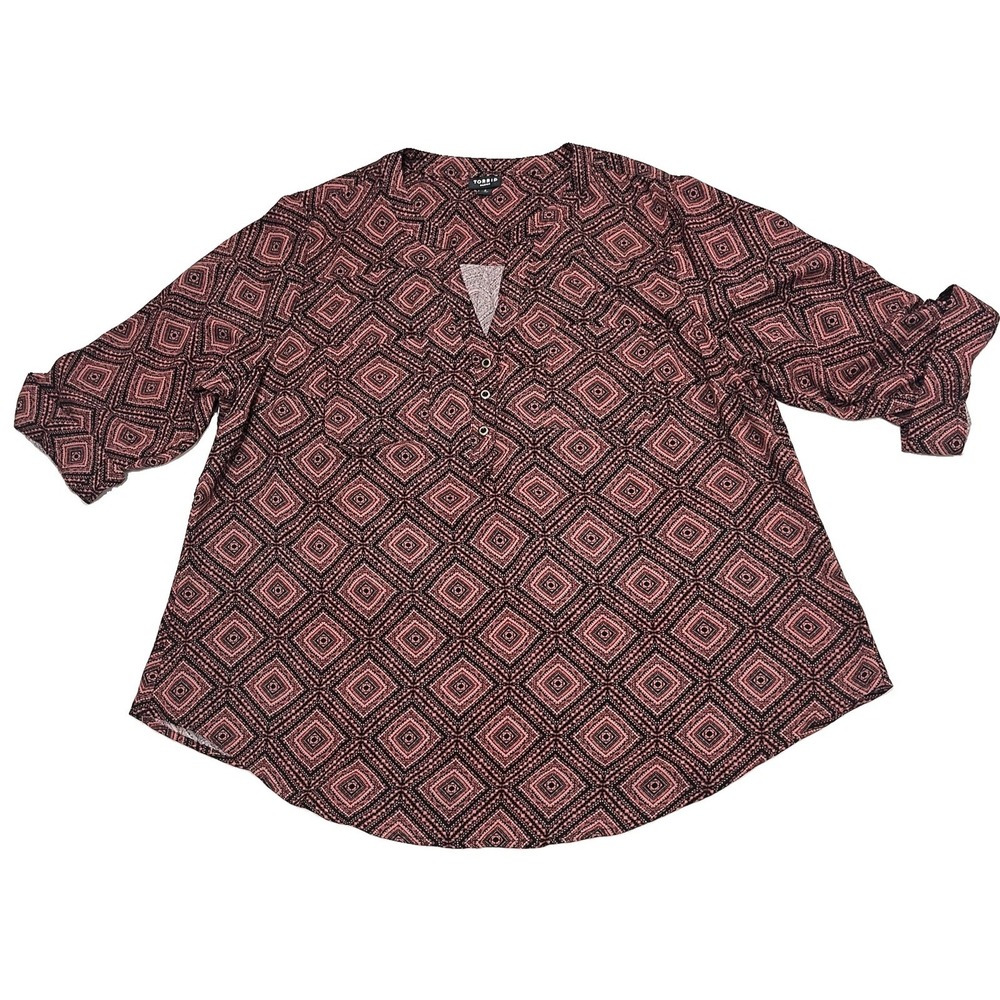 Torrid Harper Top Tunic Geometric V Neck 3/4 Sleeve Boho Blouse 2 Plus Size 2X